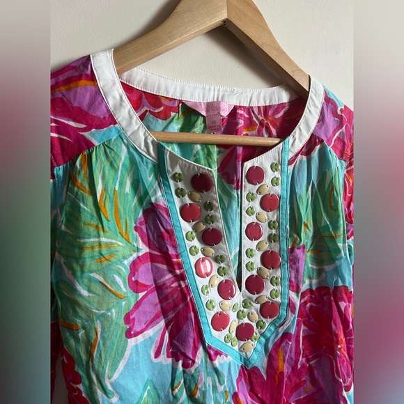 Lilly Pulitzer Embellished Tunic Floral Blouse - Pink and Blue XS Cotton - Picture 3 of 8